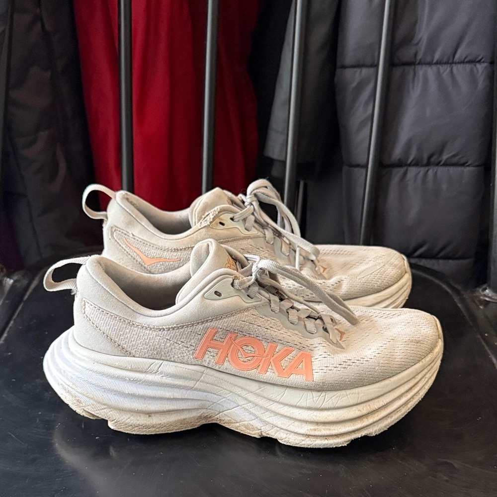 Hoka Women's Running Shoes in Light Beige with Peach Logo